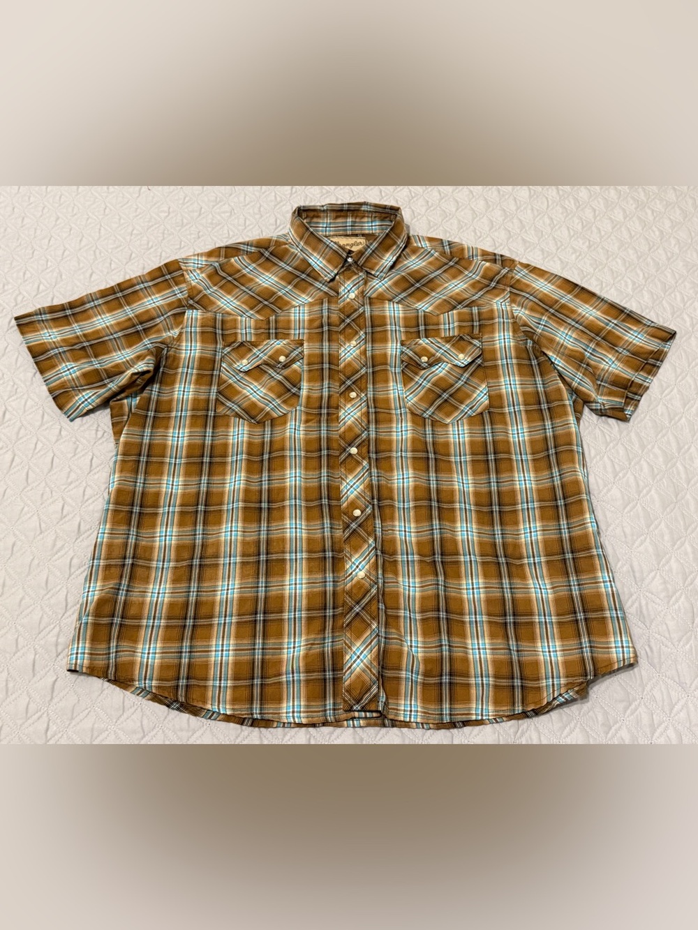 Wrangler Western Shirt Men's 2XL Brown Blue Plaid Short Sleeve Pearl Snap